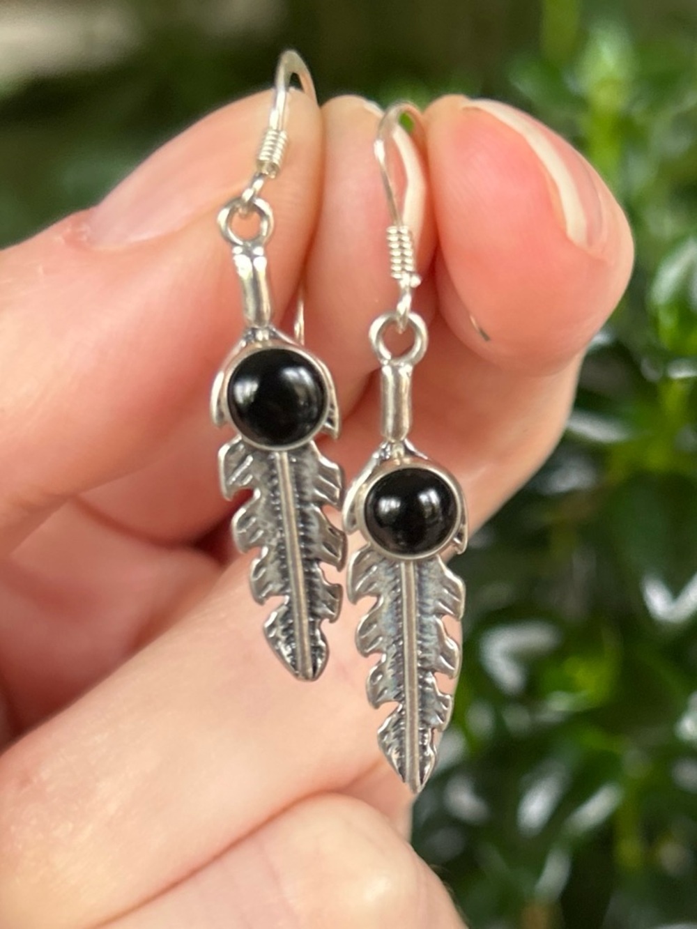 Vintage Native American Sterling Feather Drop Earrings with Black Onyx